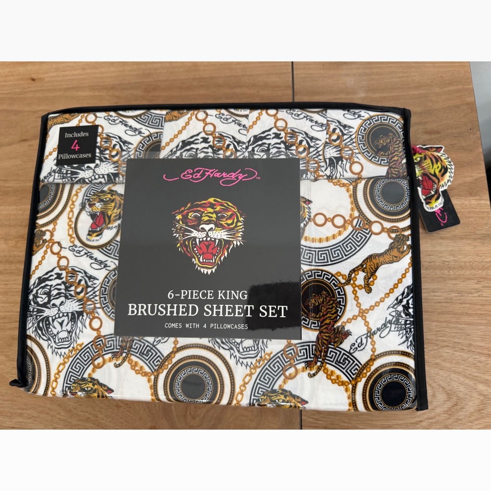 Ed Hardy King 6-Piece Double Brushed Sheet Set Tiger Chain Print White NEW
